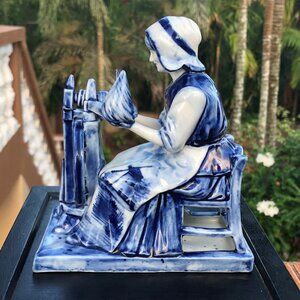 Rauenstein Thüringen Delft Blue Spinster with Spinning Wheel Figurine Statuette